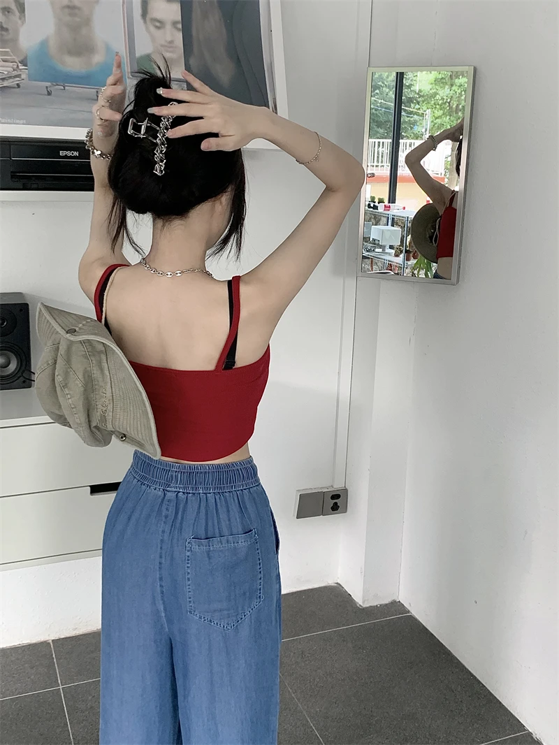 2024 Summer New Denim Blue Sky Silk Thin Elastic Waist Hanging All Straight Tube Slit Walking Pants Woman