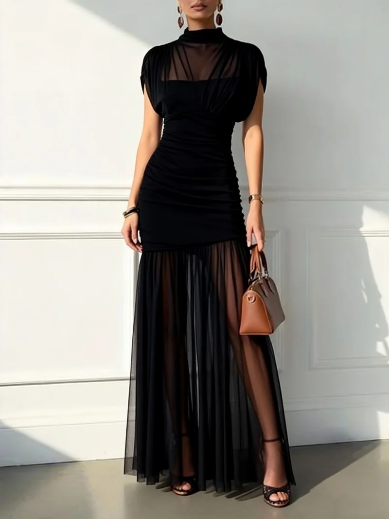 

Черное сетчатое платье макси без рукавов, пэчворк, плиссированное, полупрозрачное, модное длинное платье для женщин, осеннее платье для вечеринок