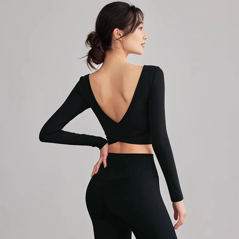 قميص يوجا نسائي بدون ظهر بأكمام طويلة من الخلف، ملابس رياضية للجري والتدريب واللياقة البدنية والبيلاتيس جديد