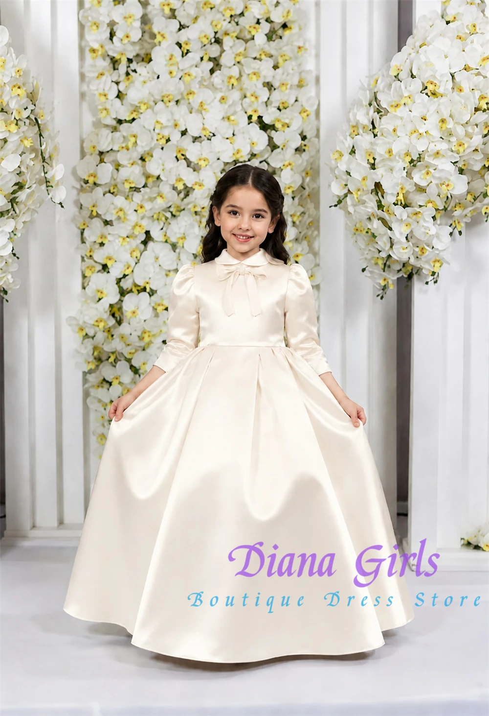 New Lovely Flower Girl Dress Quality Ivory Satin Fluffy Pleated Design for Kids Wedding Birthday Party Evening Ball Gowns