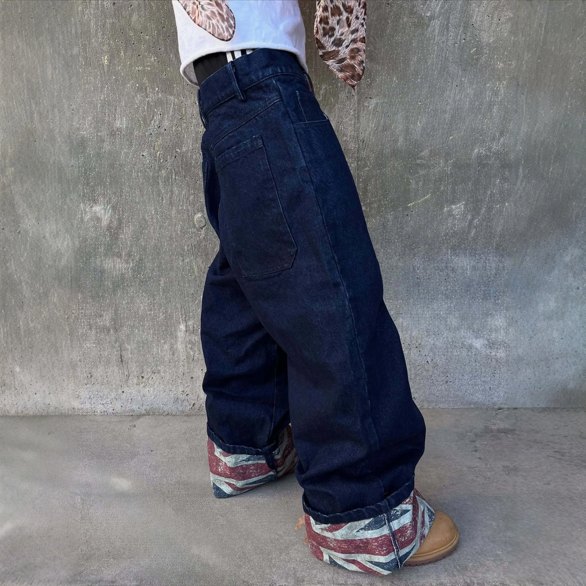 Y2K Skate Dark Blue Denim Jeans UK Flag Vintage Print Cuffed Hem Loose Wide Leg Patchwork Gothic High Street Casual Pants