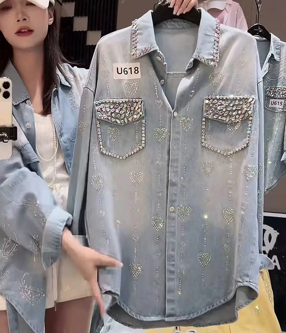 

Роскошный стиль, блестящие бриллианты, стразы, большие джинсовые рубашки, блузки для женщин, рубашка, 2025 год, верхняя одежда с длинными рукавами, джинсовый топ
