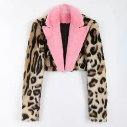 Otoño Invierno nueva chaqueta de piel sintética de visón para mujer estampado de leopardo grueso cálido pantalón corto Casual prendas de vestir moda cuello rosa manga larga