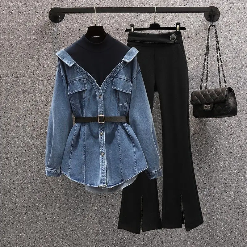 Korean Popular Autumn New Style Personalized Denim Splice Shirt Casual Wide Leg Trousers Two Piece Elegant Women\'s Pants Set