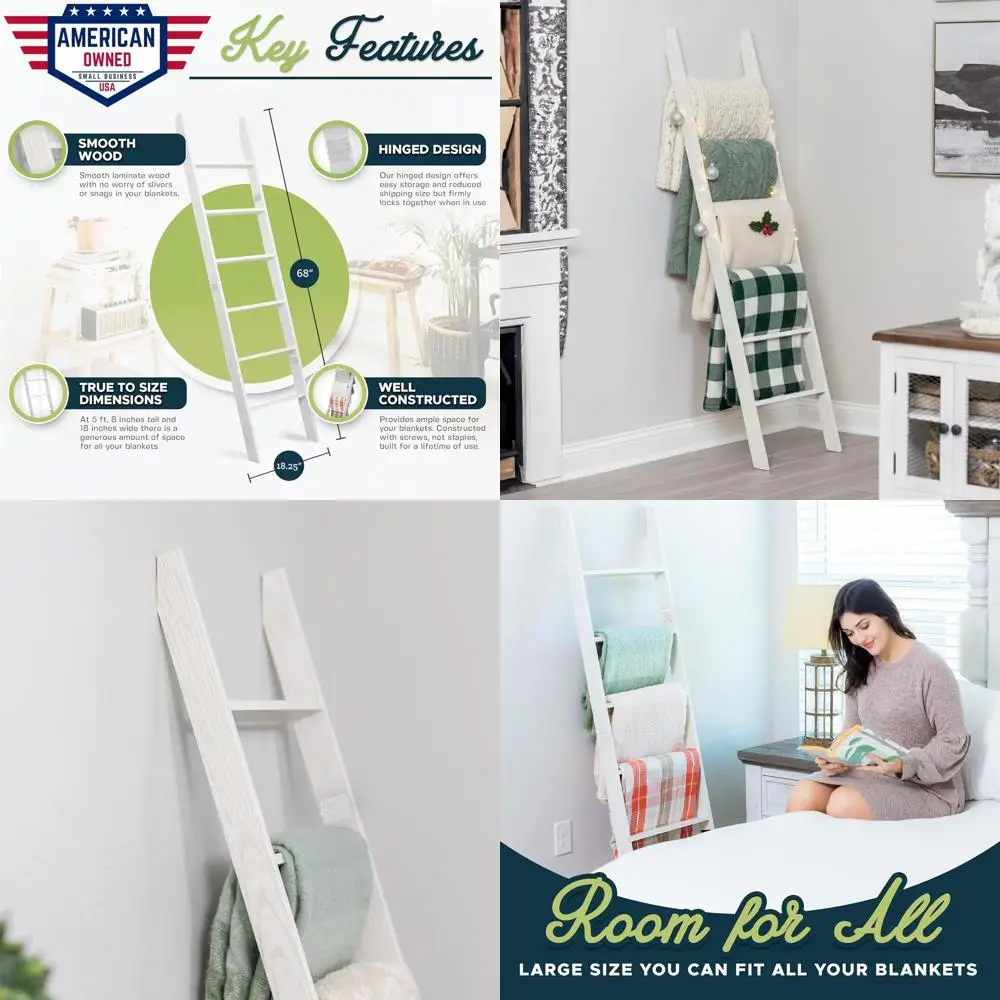 

Blanket Ladder or Living Room and Bedroom, 5t 8 inch, 6-Tier Wall Leaning Laminate Snag ree truction (White) Rustic Decorative a