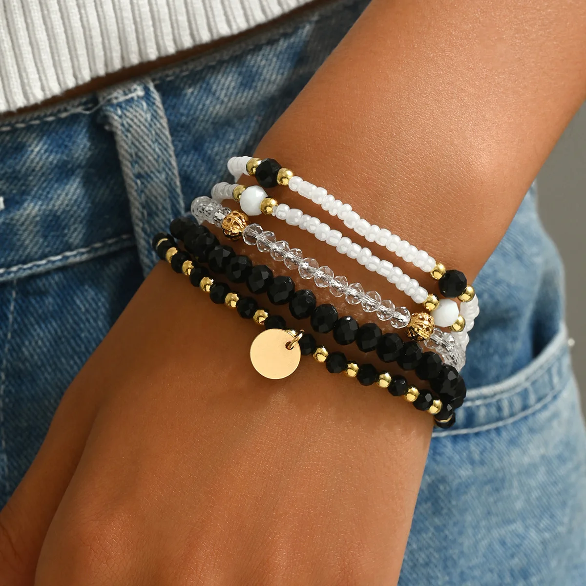 bracelet glass Bohemian style white rice beads mixed with glass broken stone multi-layer layered elastic thread women's bracelet