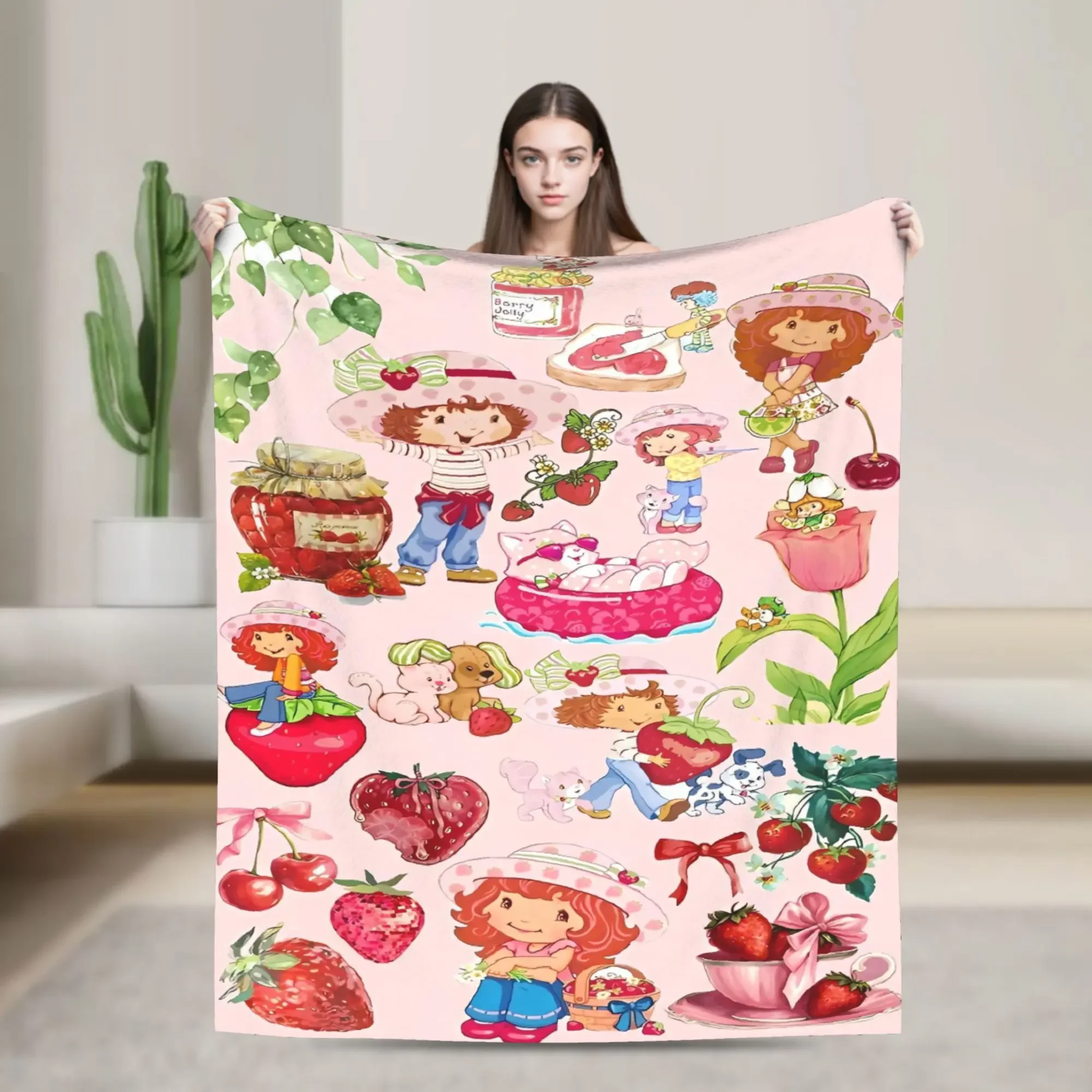 Manta de felpa suave y acogedora para niños y adultos, funda de colcha de franela para sofá, diseño cálido y divertido de pastel de fresa