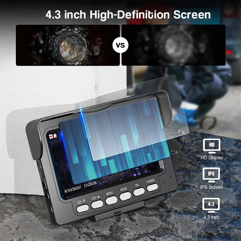 كاميرا فحص أنابيب الصرف الصحي ، المنظار الصناعي مع 4.3 مراقب ، بطاقة 16GB ، DVR ، IP68 ، استنزاف 17 مللي متر ، 22 مللي متر ، 1200TVL