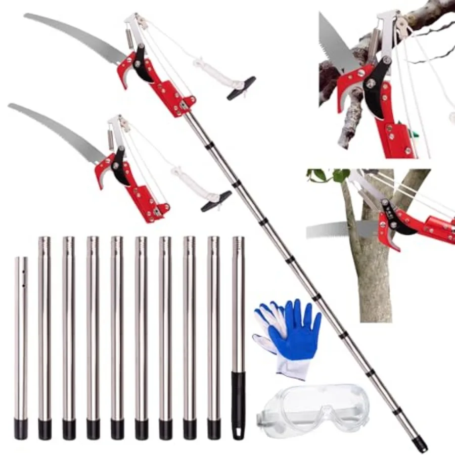 

Manual Pole Saw, 3-14 ft Extendable Tree Pruner, Sharp Steel Blade and Scissors High Branches Trimming, with Lightweight 10 Han