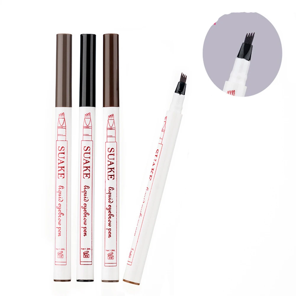 4 Colors Eyebrow Tattoo Pen 4 Fork Tip Waterproof Eyebrow Pencil Cosmetics Long Lasting Makeup Natural Dark Brown Liquid Browpen