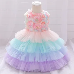 2025 Toddler Girls Spring Summer Rainbow Princess Baptism Bow Dresses 1st Birthday Party Christening Carnival Costumes