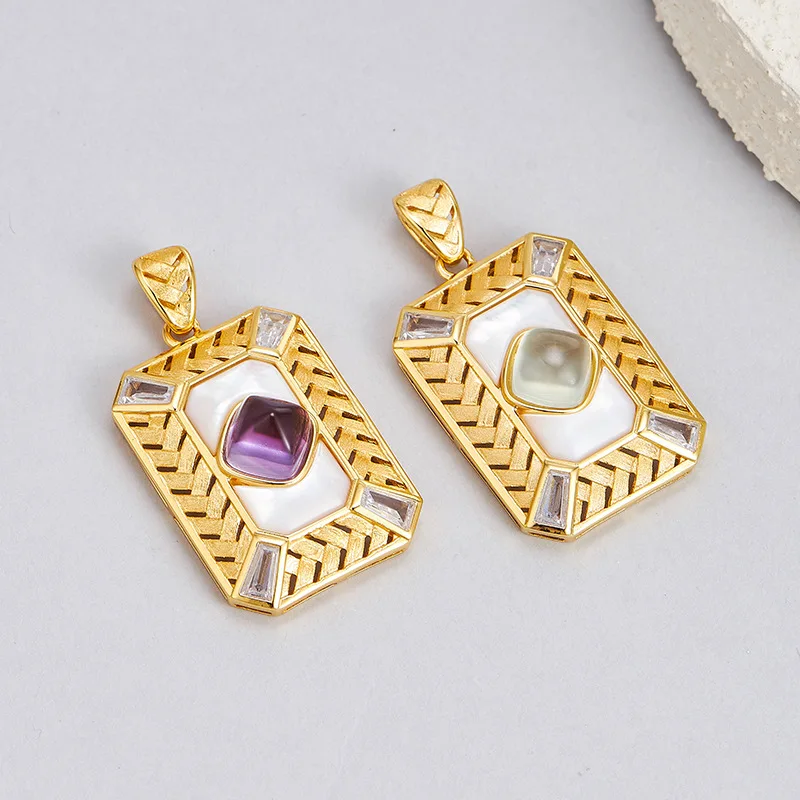 

Подвеска из стерлингового серебра 925 пробы для женщин и мужчин, позолоченный тканый матовый узор, инкрустированный аметистом, пренитовый шарм, модные ювелирные изделия, оптовая продажа