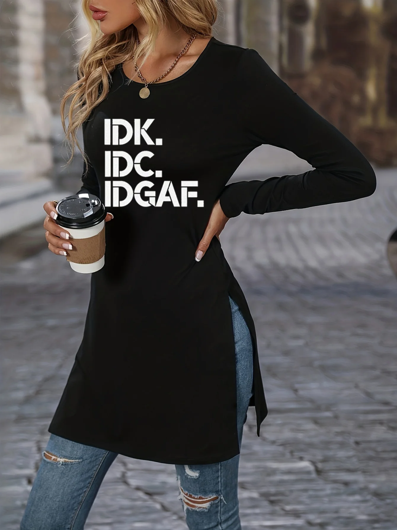 Europe and the United States in the Spring and Autumn 2026 New Long-sleeved Slim Printed Pattern Slit Long Version of the Blouse