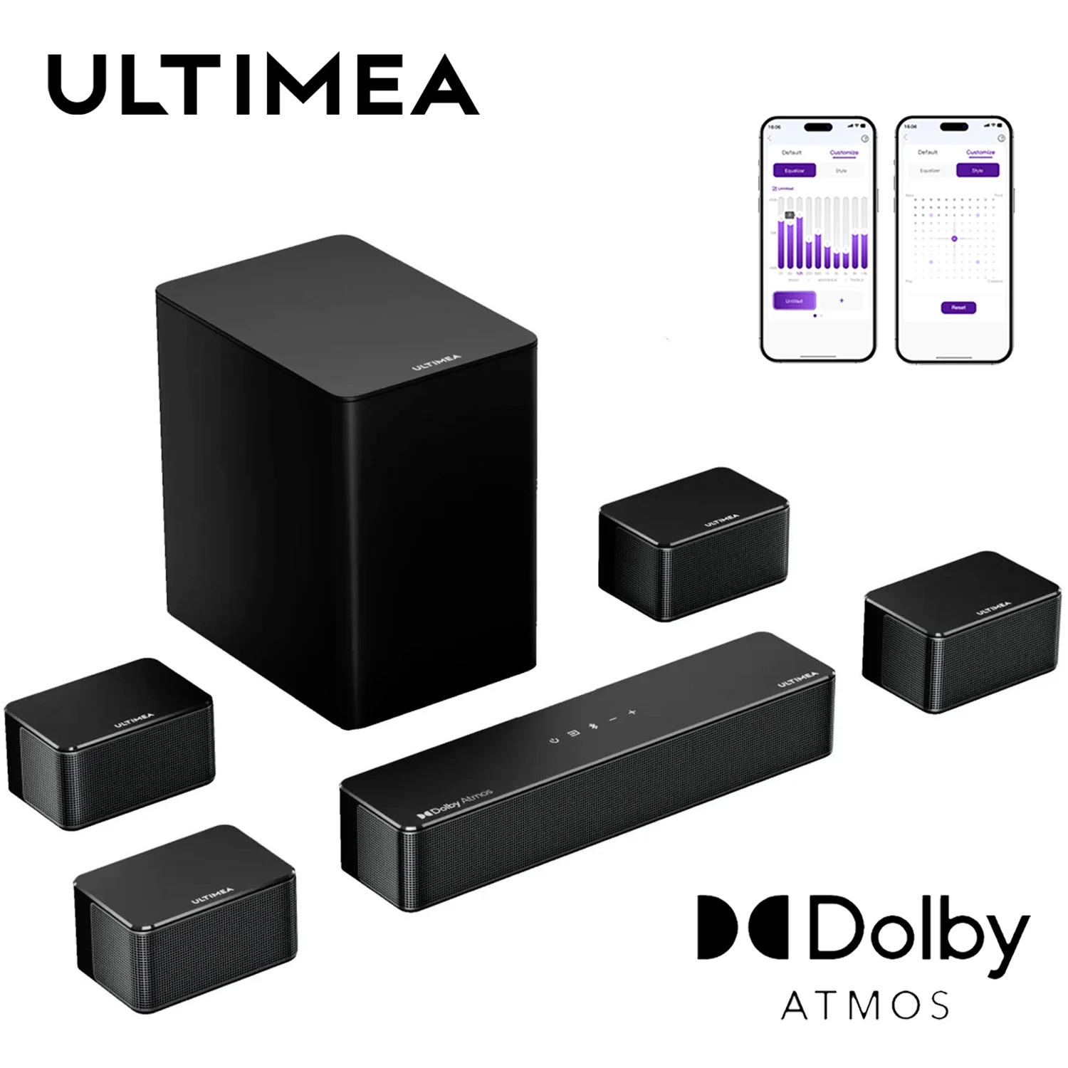 

Саундбар ULTIMEA 7.1 с управлением Dolby Atmos и через приложение, Bluetooth-динамик для домашнего кинотеатра с беспроводным сабвуфером и 4 динамиками объемного звучания