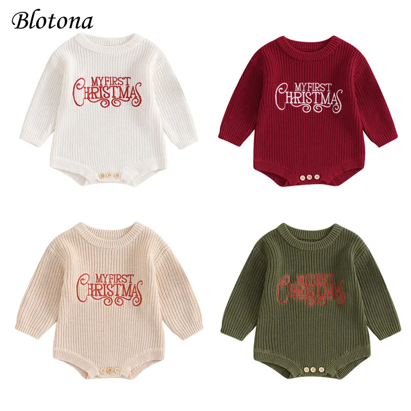 

Blotona Newborn Baby Christmas Knitted Long Sleeve Autumn Winter Sweater Romper, O-Neck Letter Embroidery Crotch Button Bodysuit