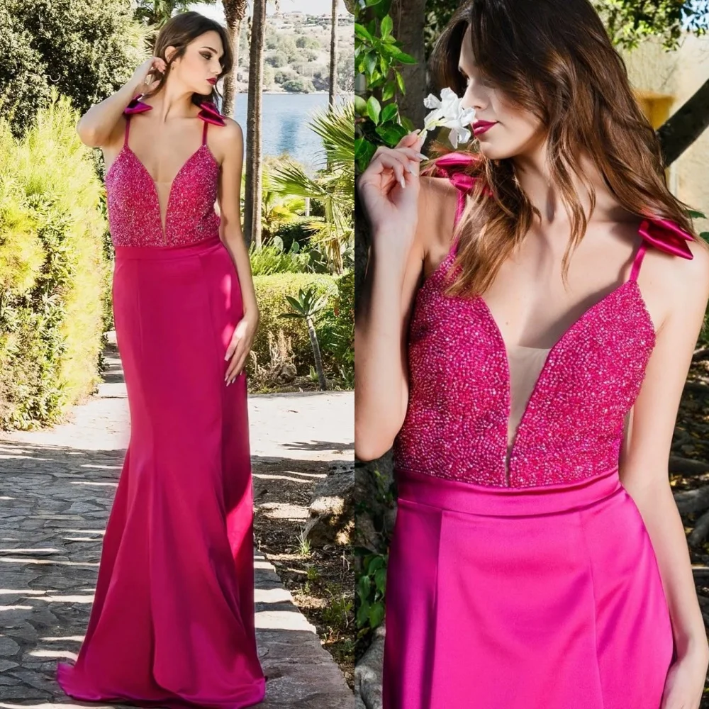 Exquisite Sexy V-Neck Trumpet / Mermaid Sequined Floor-Length Satin Bespoke Occasion Dresses Evening 