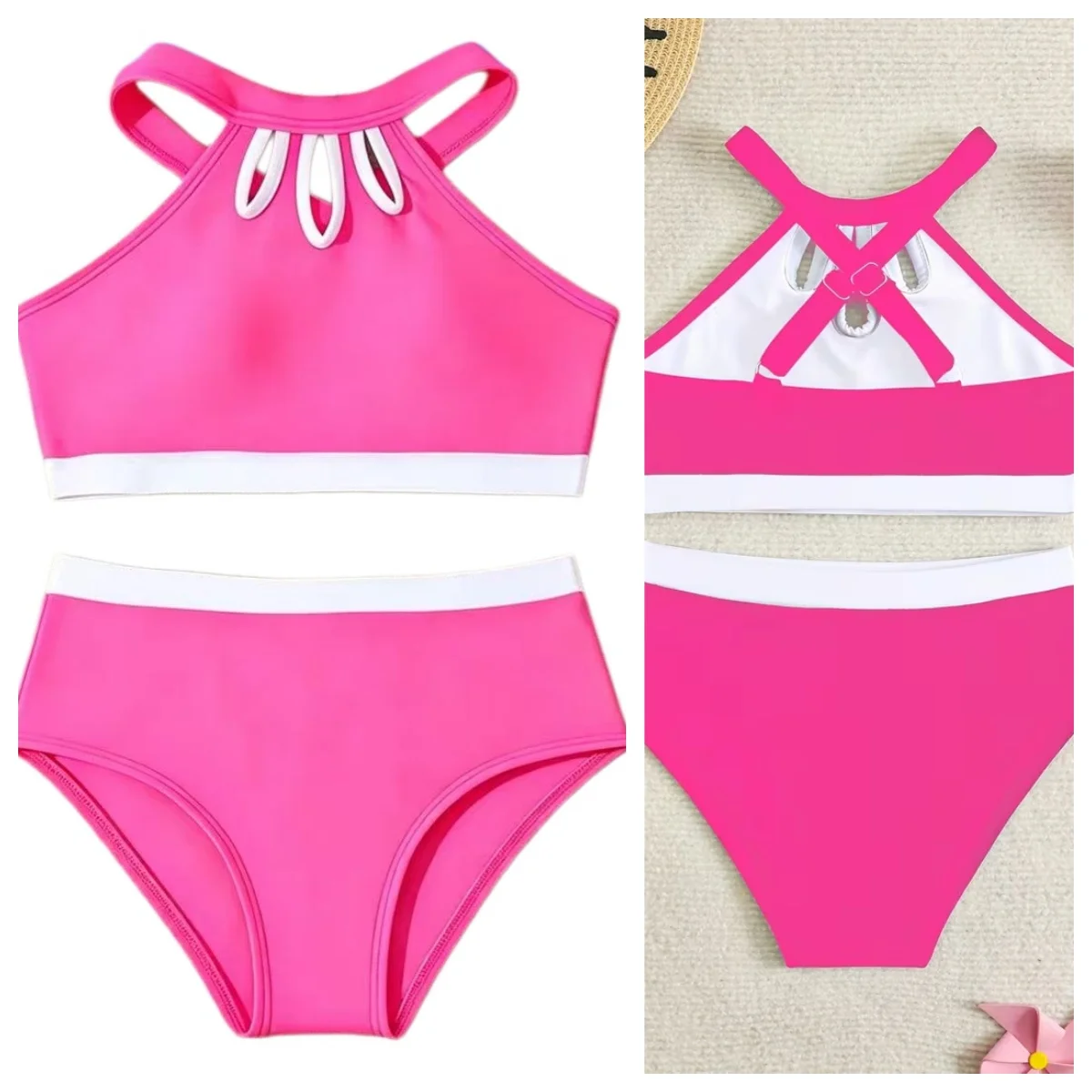 

2026 Summer High Neck Kids Girl 2pcs Set Tankini Swimsuits Young Teen Girl Swimsuits Children Swimwear Bathing Suit 8-12 Years