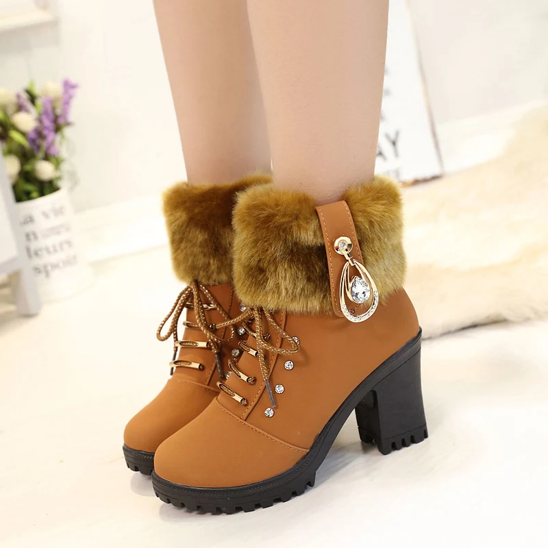 

2023 New Winter Women High Heels Shoes Warm Non-slip Block Cow Suede Warm Snow Boots Fashion Designer Casual Botas Plus Size 41