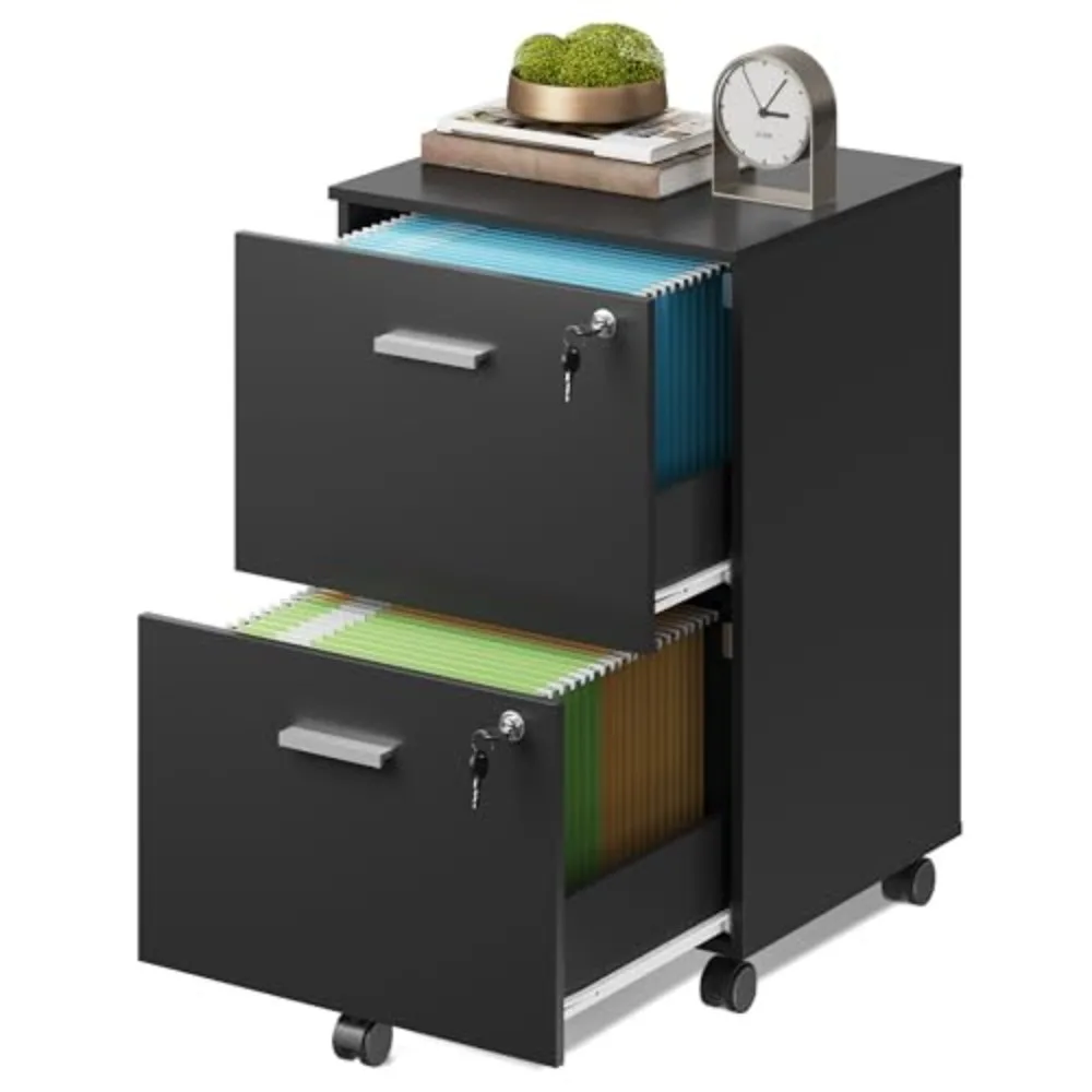 2 Drawer Wood File Cabinet with Lock, Mobile Printer Stand, Black | Under Desk Cabinet, Filing Cabinet, Rolling &