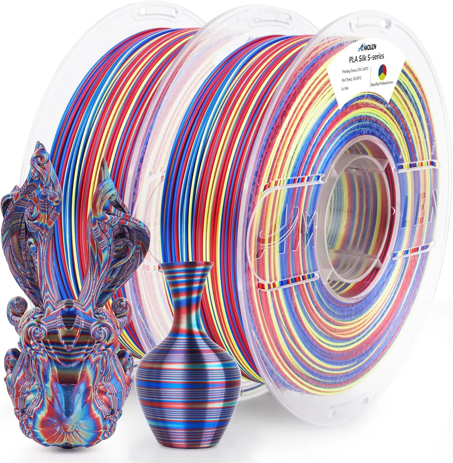 

Silk PLA 3D Printer Filament Bundle, 1.75mm Shiny Multicolor Rainbow Pack, Fast Color Change Printing Filament