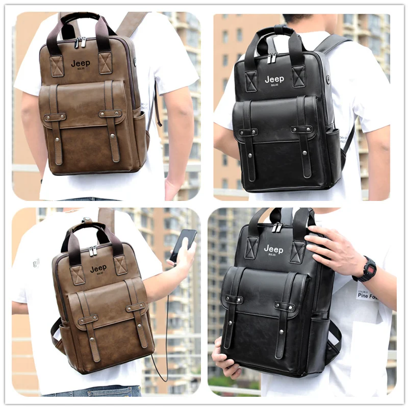 JEEP BULUO Waterproof 14 Inch Laptop Outdoor Sports Backpack Men Casual Travel Women Split Leather Male Vintage School Bag