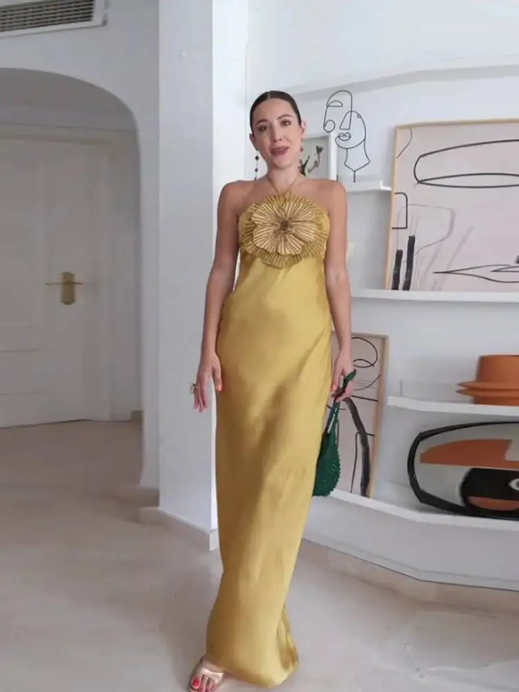 فستان نسائي أنيق للحفلات ثلاثي الأبعاد رسن على شكل زهرة بدون أكمام بدون ظهر حورية البحر من الساتان فساتين نسائية لصيف 2025 رداء سهرة أنيق #4