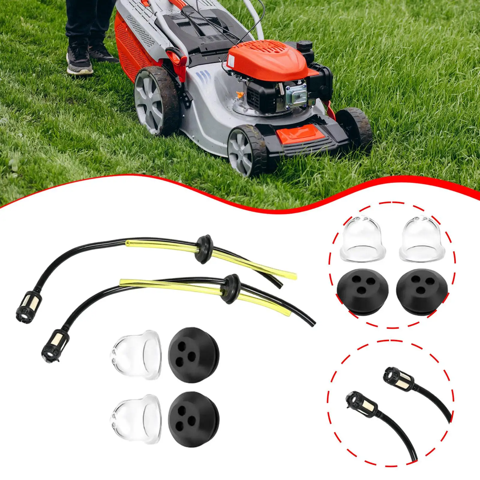 6 x Rasentrimmer-Kraftstoffrohr mit 2 Tank-Dichtungstüllen, 22 cm, flexibler Rasenmäher, universelles Benzinfilter-Set für Rasenmäher, Rasentrimmer