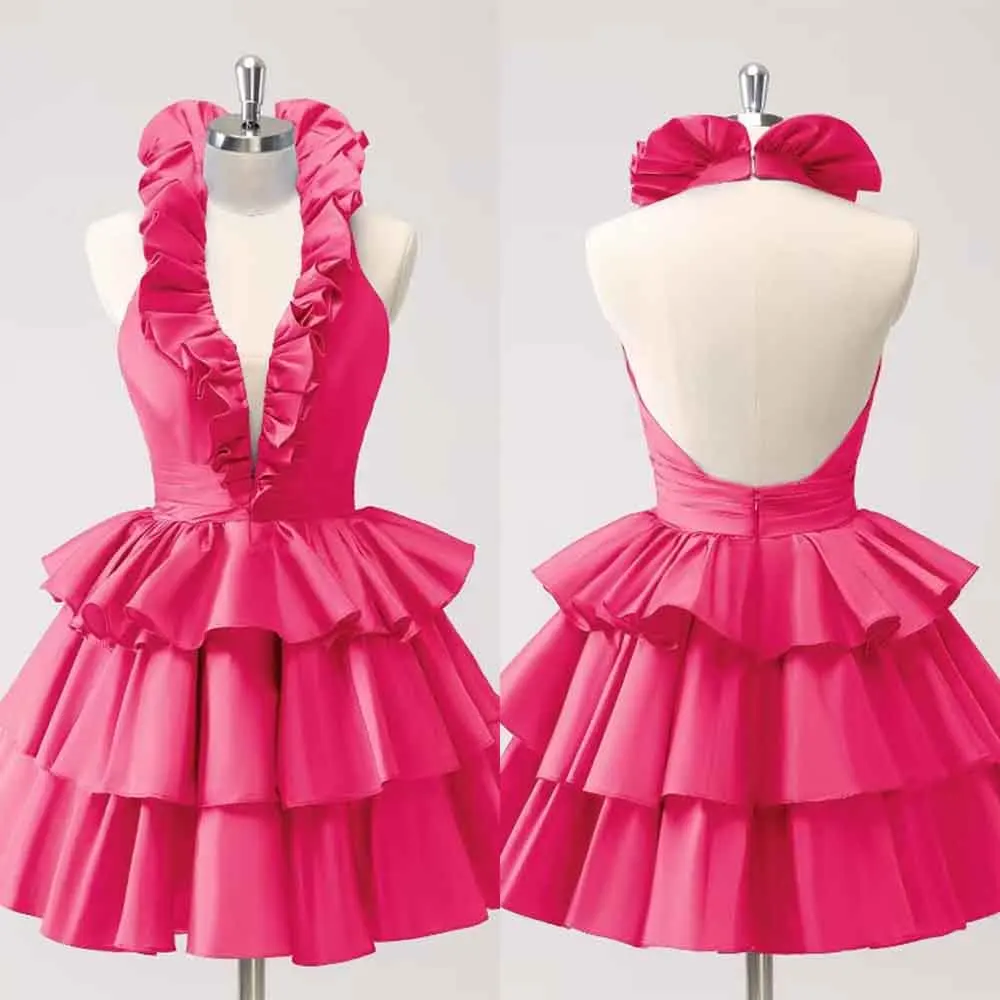 

High Quality Customized Knee Length Backless Wrinkle Halter Tiered Sleeveless V-neck A-line Vestidos Para Bodas Mujer Invitada