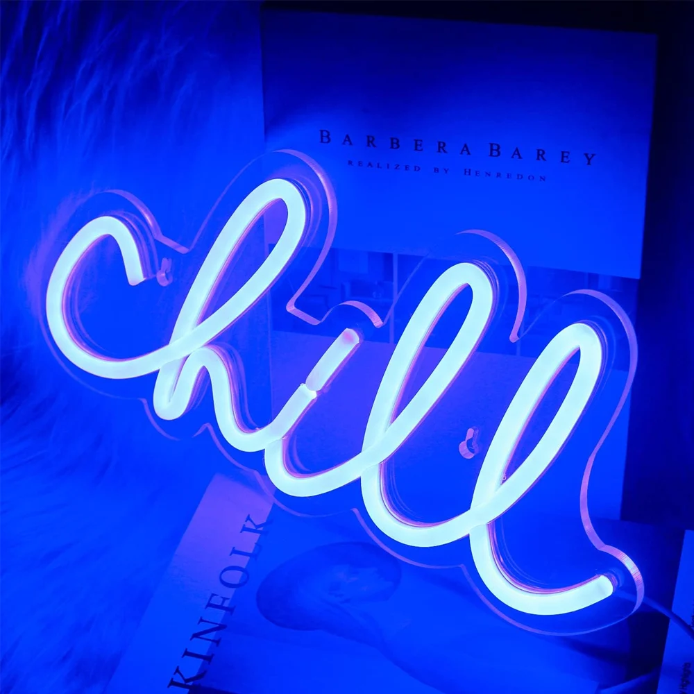 Chill Neon Sign Blue Led Sign Chill Neon Wall Sign Led Neon Sign Word Neon Light for Wall Decor Neon Light for Bedroom USB Power