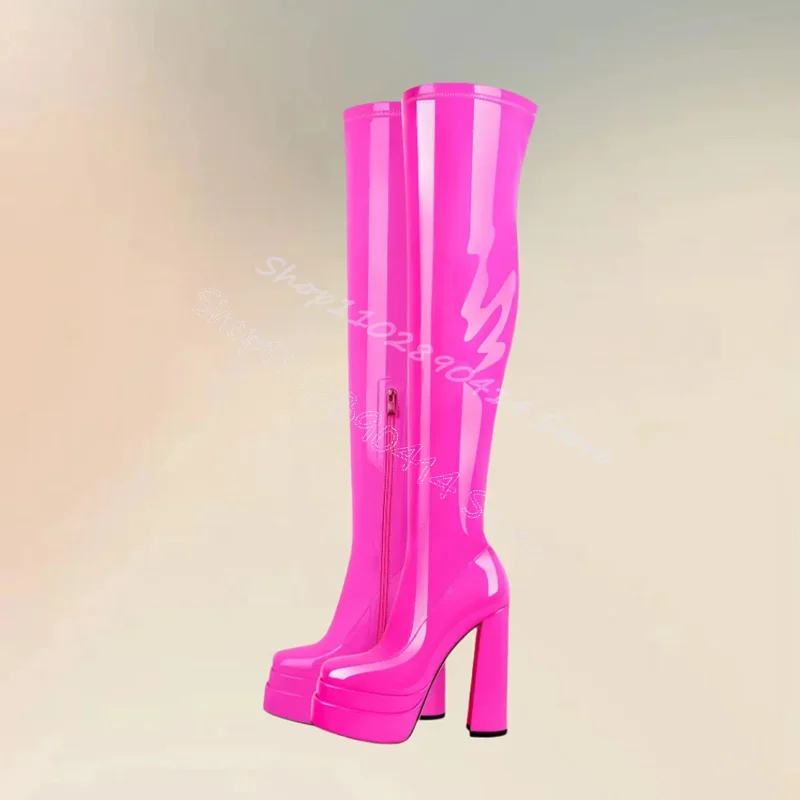 

Rose Red Pink Patent Leather Platform Boots Side Zipper Women Shoes Chunky High Heels New Party Banquet 2025 Zapatos Para Mujere