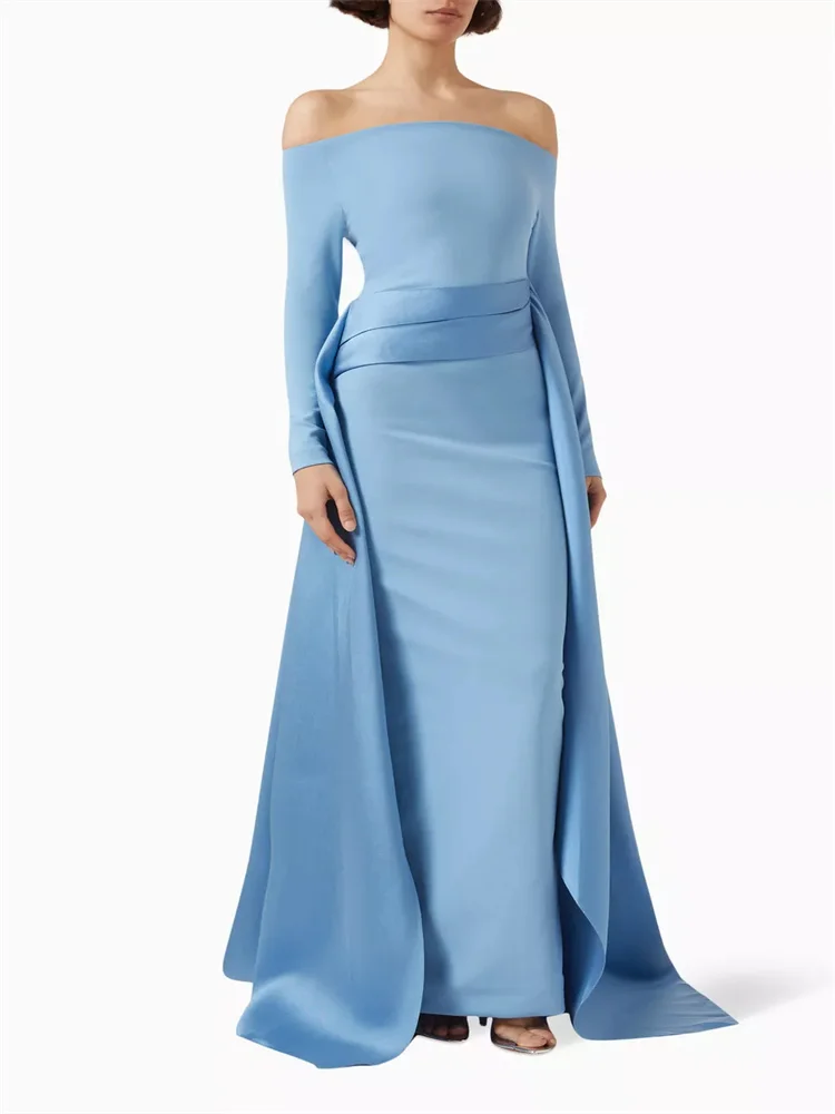 

Hot Selling Boat Neckline Long Sleeves Crepe Straight Evening Dress Back Zipper Floor Length Draped Side Panels Gowns For Women