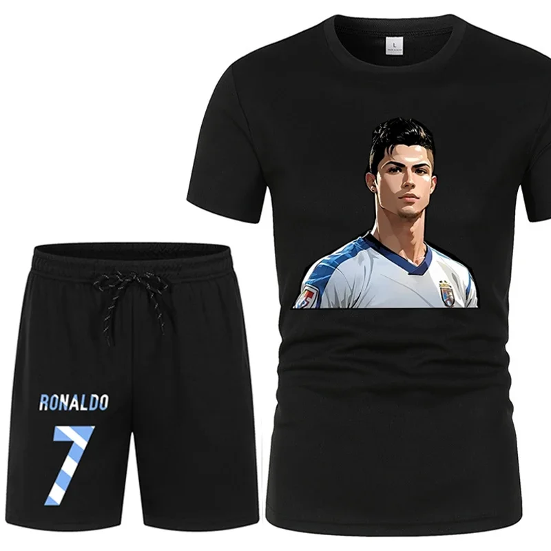 Conjunto esportivo estampado masculino, estrela do futebol, Cristiano Ronaldo, shorts de manga curta, moda respirável, verão, novo, 2 peças, 2024