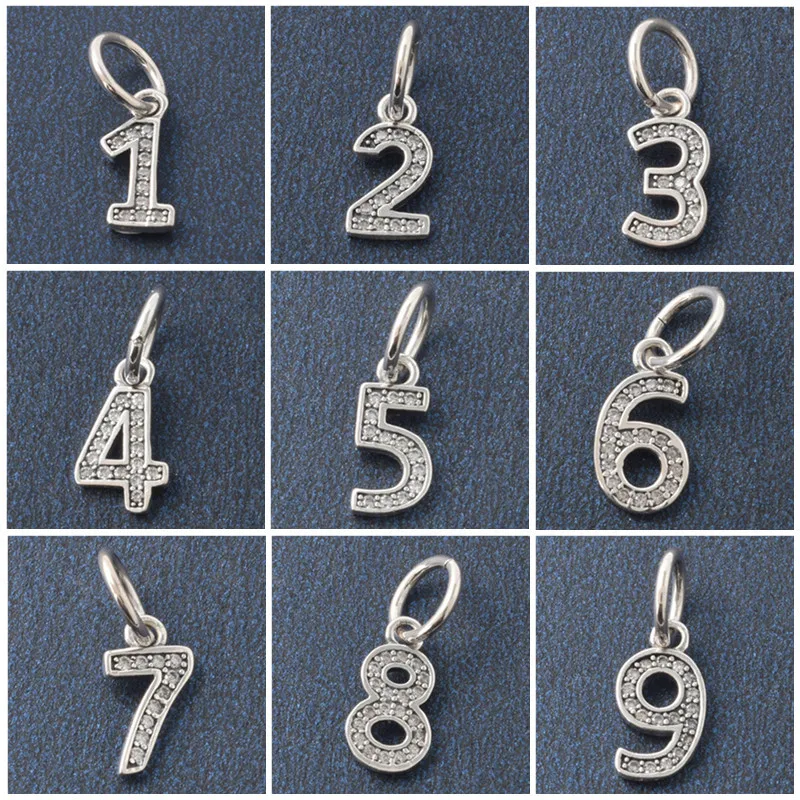 European European S925 Sterling Silver AAA CZ 0-9 Number DIY Charm For Original Women Bracelet Necklace Chain Jewelry