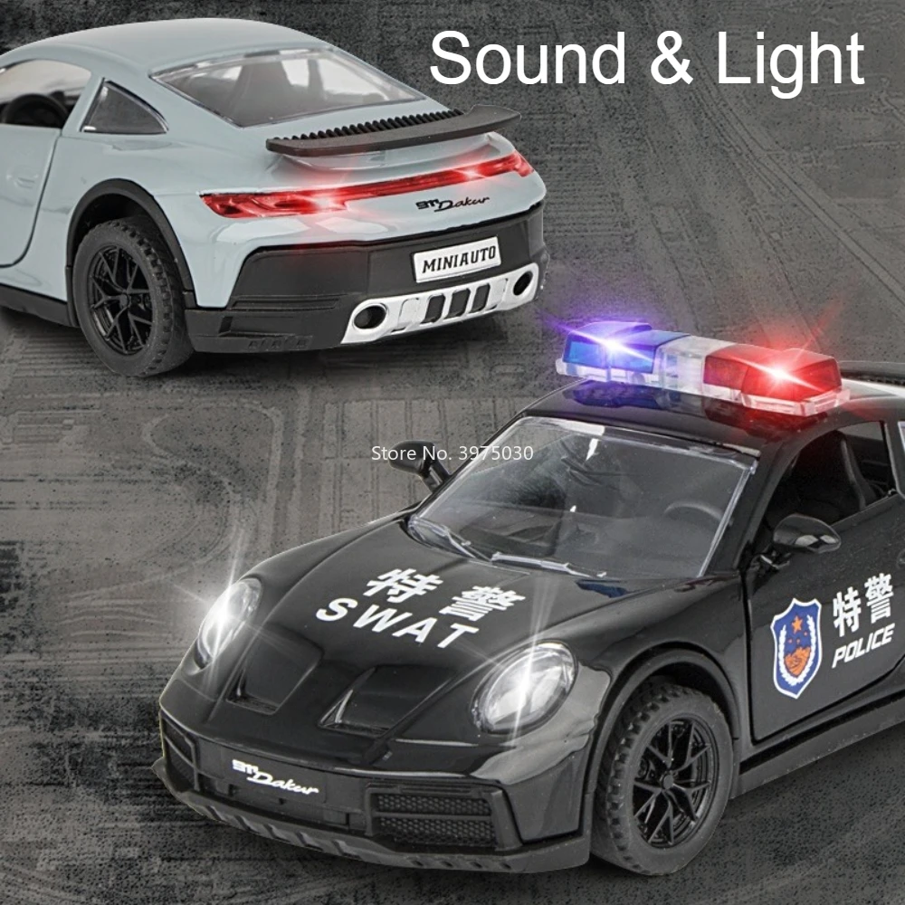Scala 1:32 Porsche 911 Giocattoli in lega Modelli di auto della polizia con tirare indietro Musica leggera Veicoli in miniatura Bambini Regali per bambini