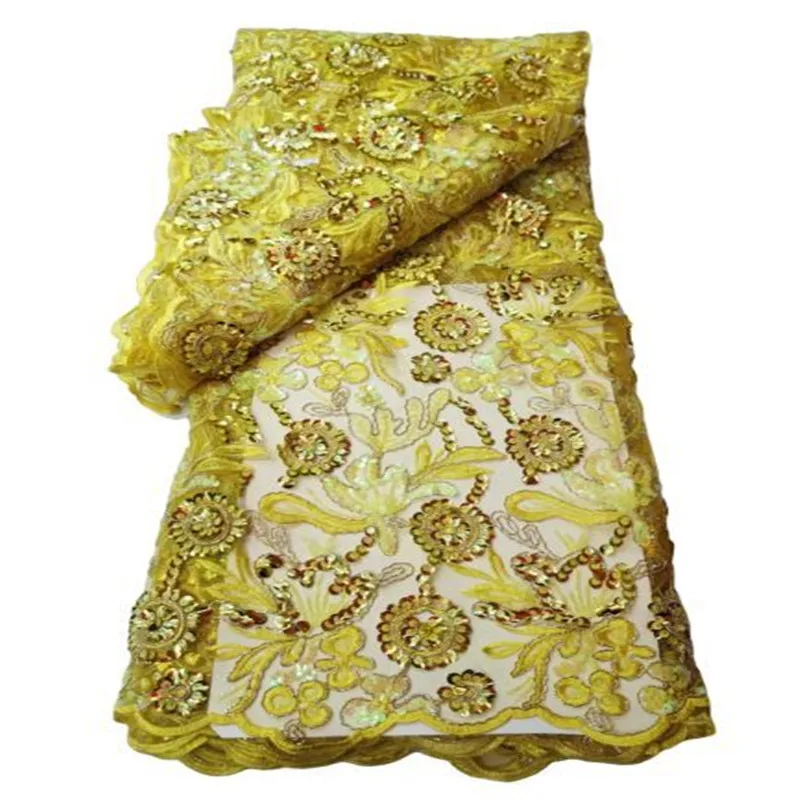 2023 Green Luxury African Sequence Lace Fabric 5 Yards High Quality Sequin Embroidery French Tulle Nigerian Wedding Yellow