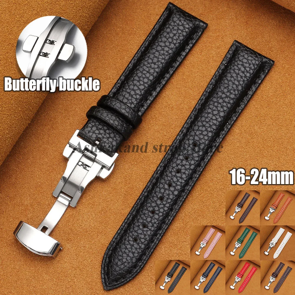 Calfskin Litchi Leather Watchband 16/19/21/24mm 18mm 20mm 22mm Watch Strap for Men Women High-Quality Butterfly Buckle WristBand
