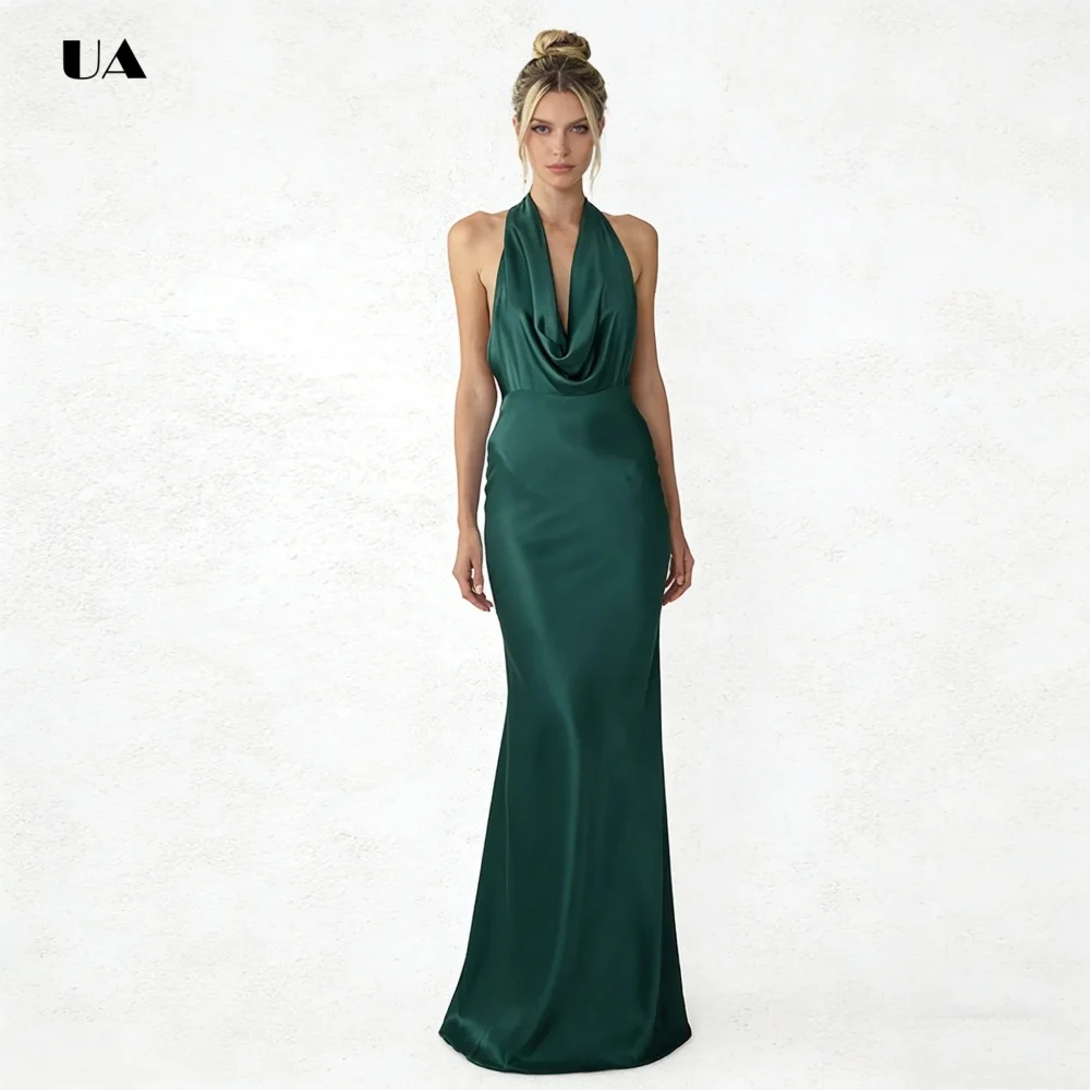 

ULBYANRN Sleeveless Mermaid Prom Dress with Cowl Collar,Solid Satin Evening Dress with Draped Sash at Back,Customized Party Gown
