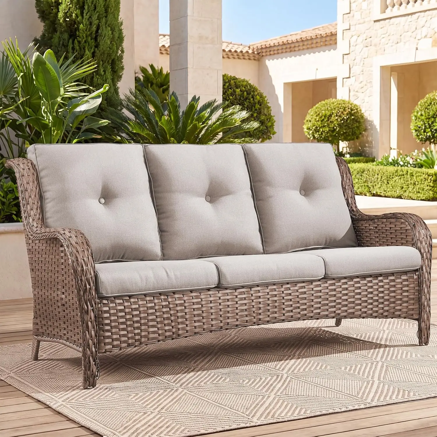 PE Wicker 3-Seater Outdoor Sofa, Modern All-Weather High Back Deep Seat Woven Furniture for Porch Deck Balcony, Customized