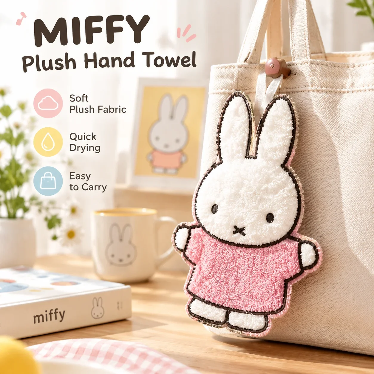 Kawaii Cute Miffy Rabbit Karin Thick Coral Super Absorbent Hanging Kitchen Towel Hand Wiping Cartoon Design Soft Bathroom Towel view 6