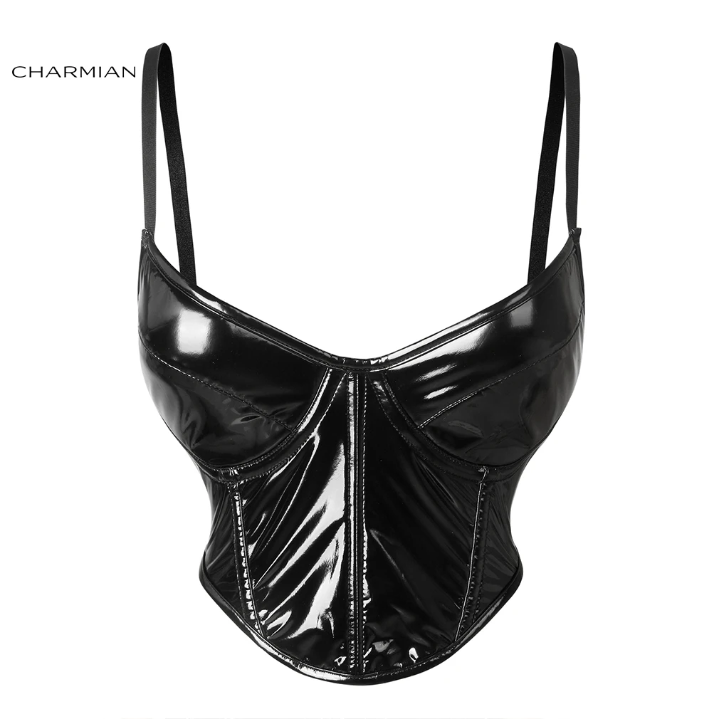 

Charmian Bra Corset Top For Women Spaghetti Strap V Neck Leather Bustier Slim Nightout Clubwear Party Crop Top Sexy Camisole Top