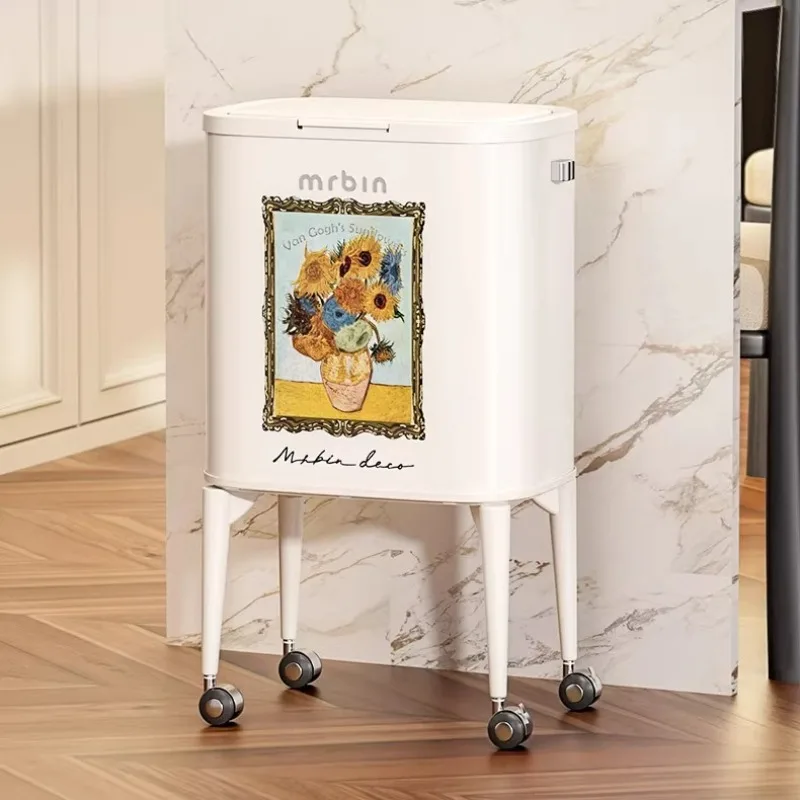 White Rectangle Press Waste Bins Non-stoop High-capacity High-footed Movable Waste Bins High-quality Modern Creative Home Decor