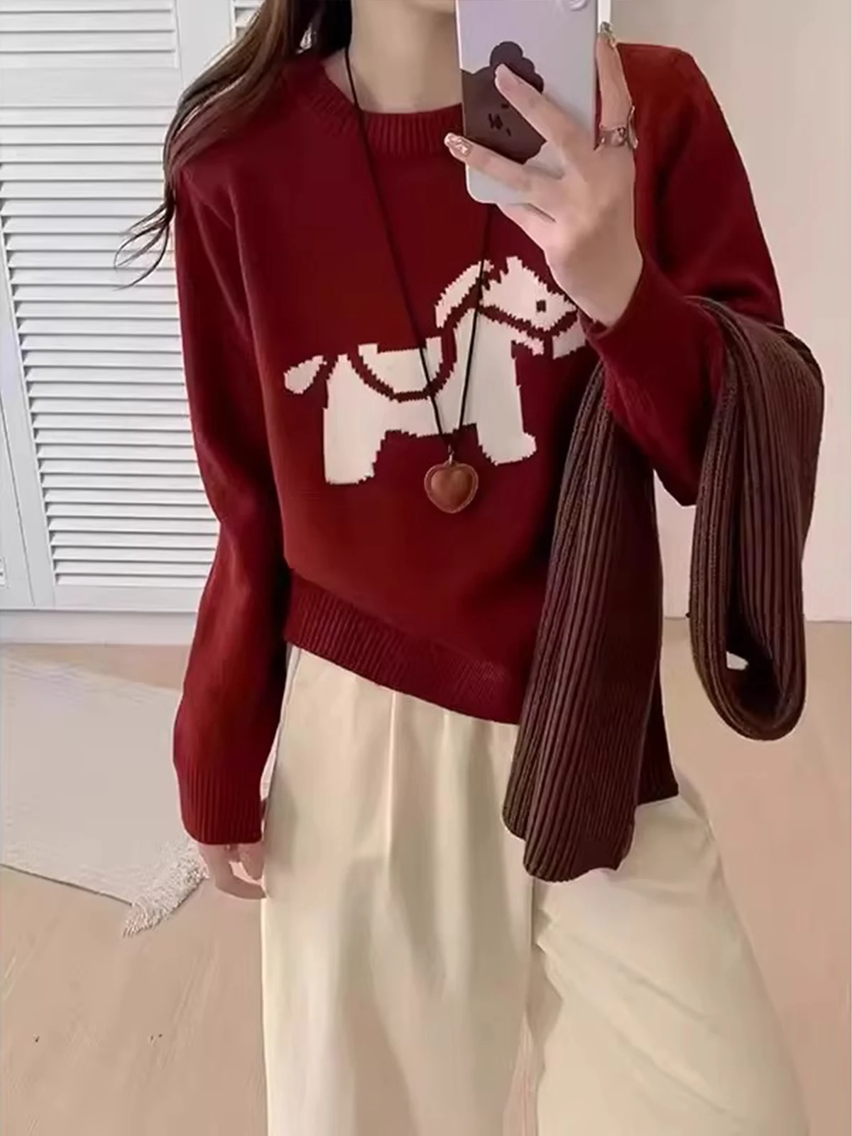 

Red Knitted Sweater Women's Loose Overhead Sle New Year Casual Faion Spring 2026 Comfortable Versatile Knitwear Top