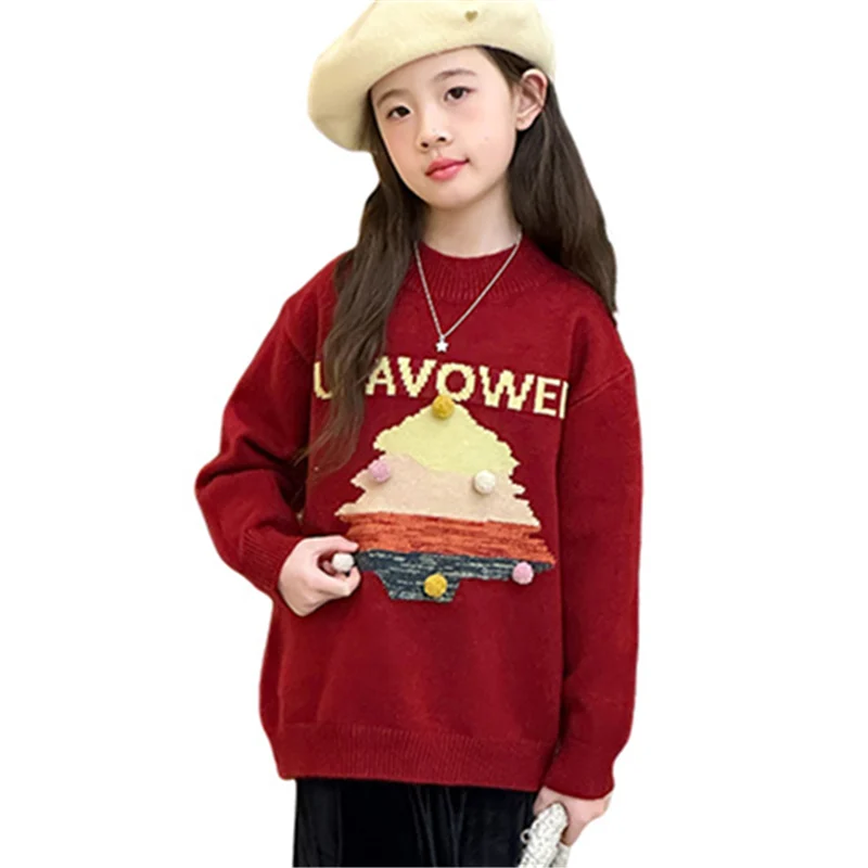 

Fashion Girl New Year Sweater with Christmas Tree For Child Red Color Christmas Knitted Clothes Costume Teenage Party Knitwear