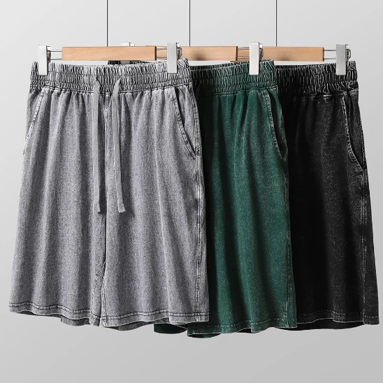 

240G Heavy Washed Old Shorts Men's Summer Pure Cotton Batik Double Yarn Loose American Retro Shorts