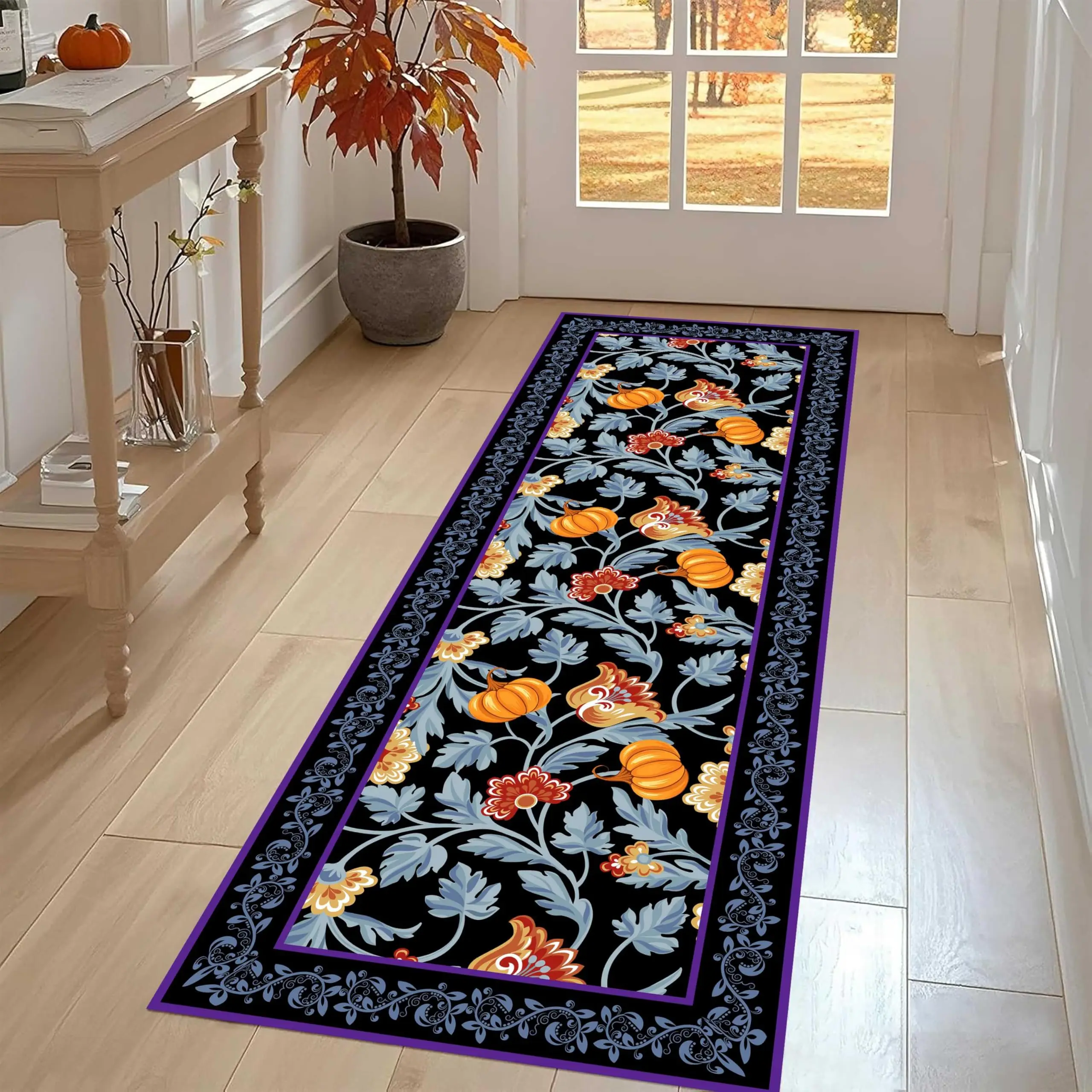 Gothic Halloween Runner Carpet Pumpkin Floral Area Rug Anti Slip Purple Frame Vines Hallway Porch Living Room Floor Mat