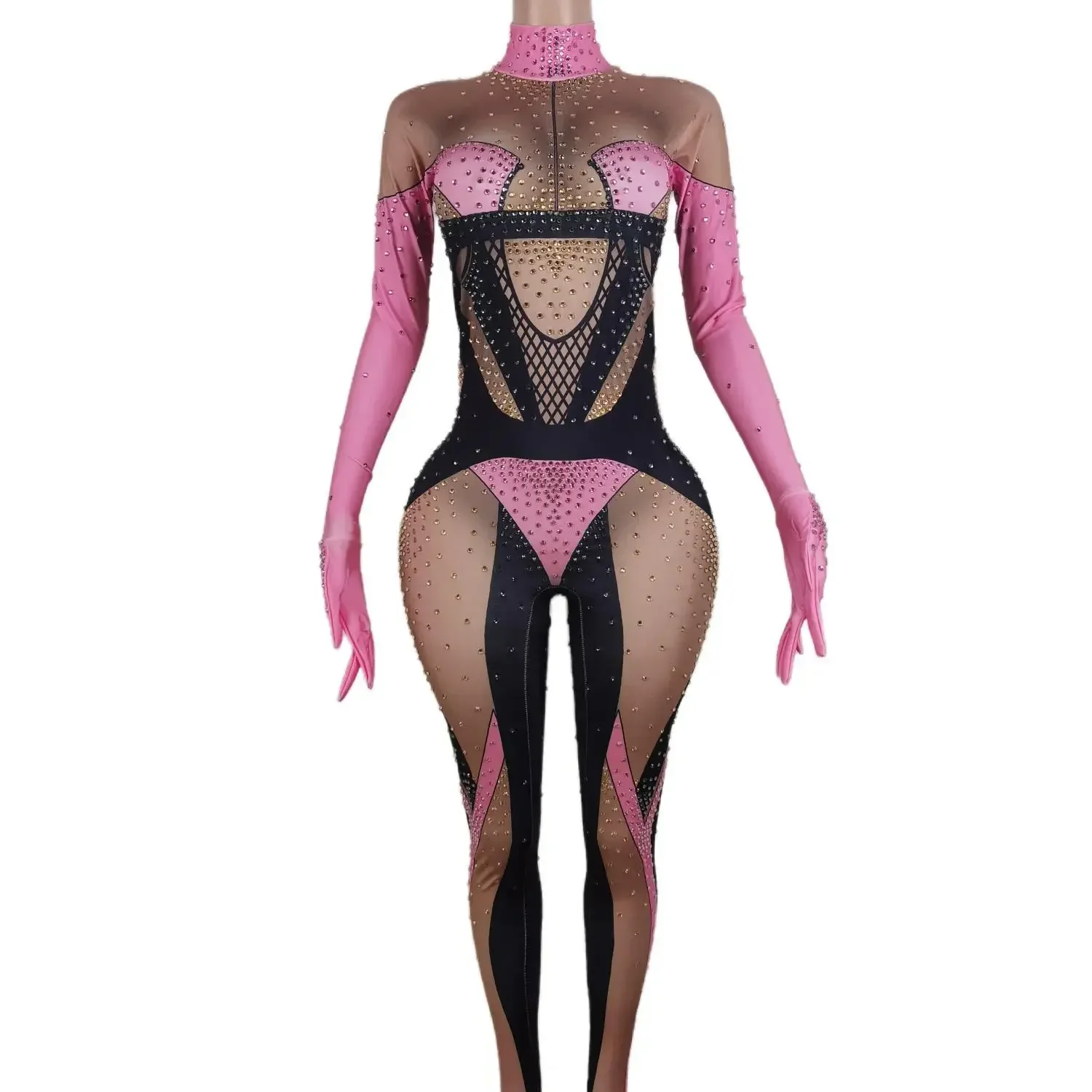 Sexy rosa strass macacões mulher boate impressão collant cantor traje festa de aniversário pólo dança drag queen palco wear