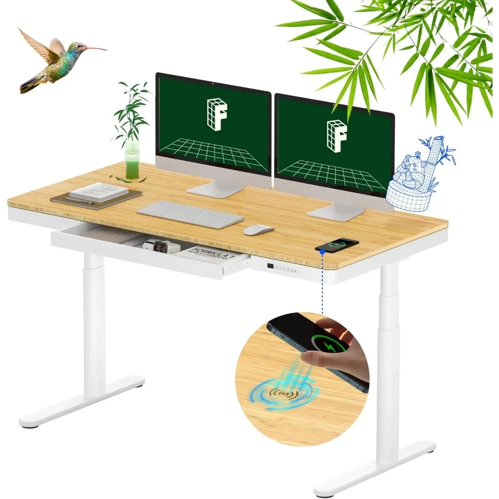 

Computer Table, 55" Bamboo Standing Desk, Dual Motor 3 Stages Adjustable Height Electric Computer Workstation, Gaming Desks