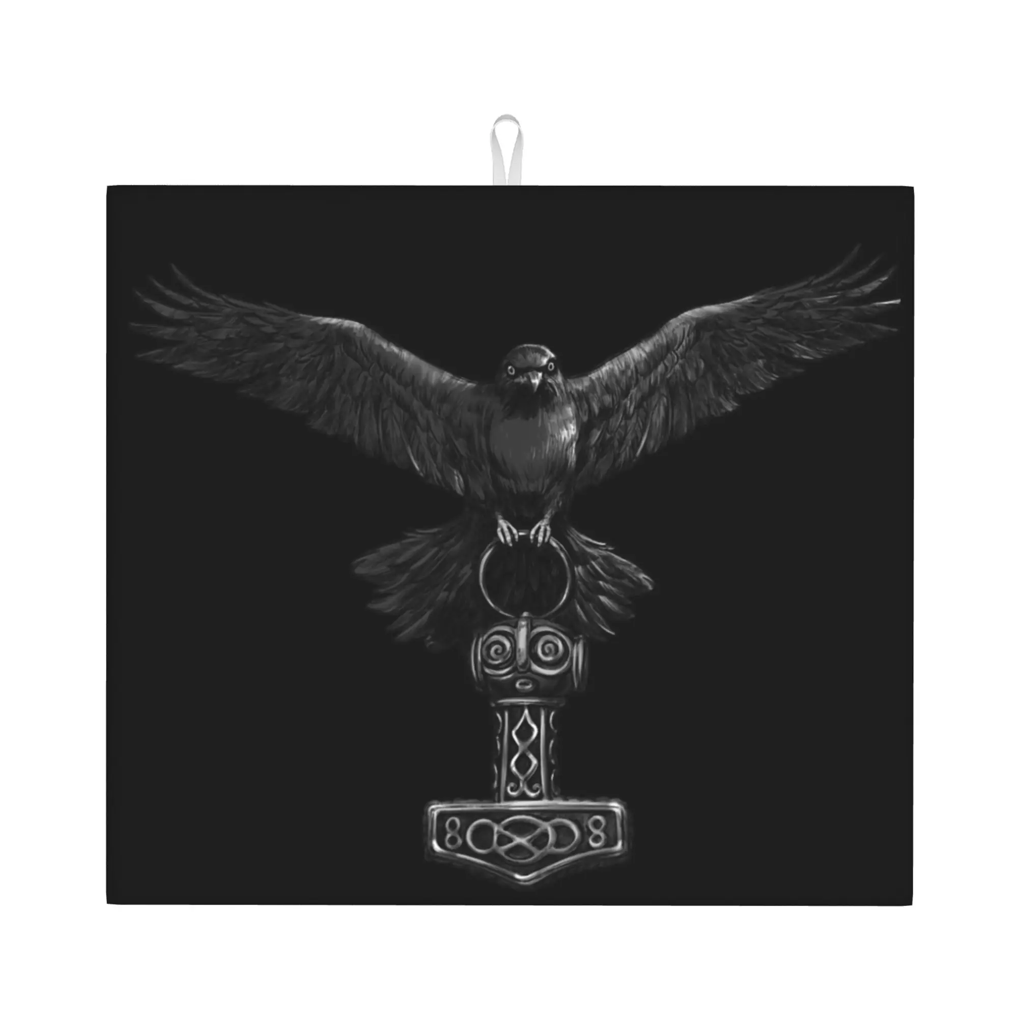 Drying Mat For Kitchen Viking Odin Raven with Thor Mjolnir Hammer Water Absorbent Norse Odin God Kitchen Counter Protector Mat
