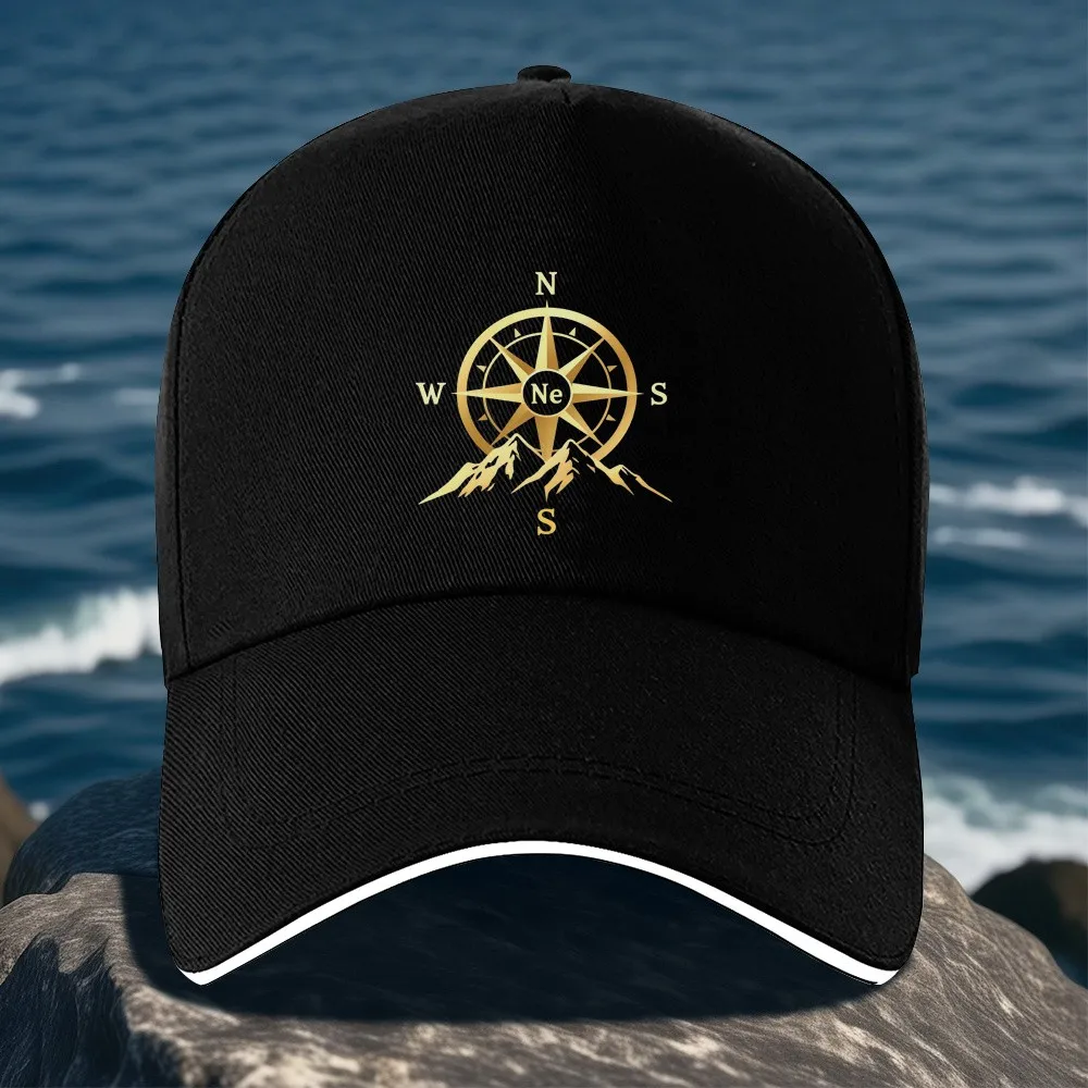 Compass Mountain Graphic Baseball Cap Polyester Outdoor Adventure Adjustable Hat Unisex