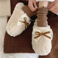 Chaussons d'hiver chauds en fourrure pour femmes, pantoufles à semelle épaisse, mignonnes avec nœud, antidérapantes, douces, chaussures d'intérieur en peluche pour femmes. 2
